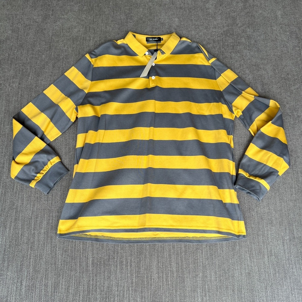 Lars Amadeus Polo Shirt Mens XXL Yellow Gray Striped Long Sleeve Stretch Popover